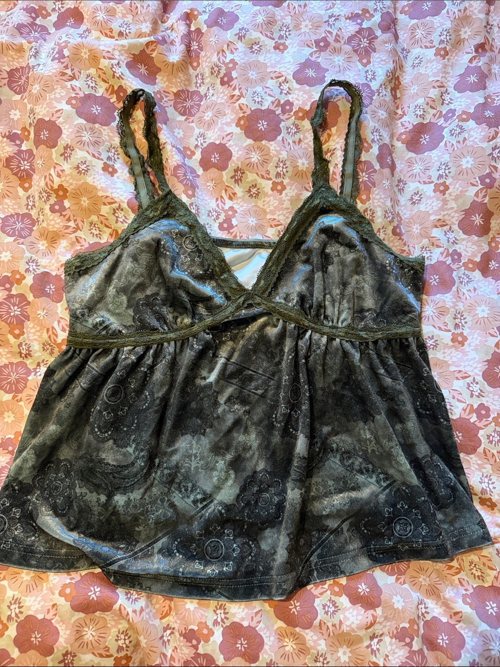 Cider Olive Green Velvet Lace-Trim Chemise Top